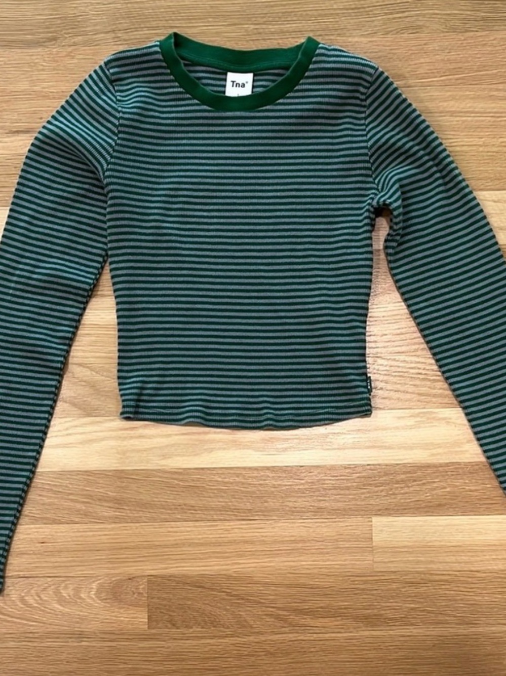 Aritzia TNA Green and White Striped Ribbed Tee